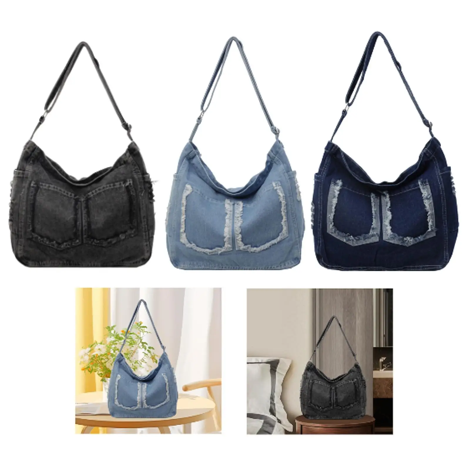 

Women Denim Shoulder Bag Travel Shoulder Bag Retro Style Pouch Jean Tote Bag