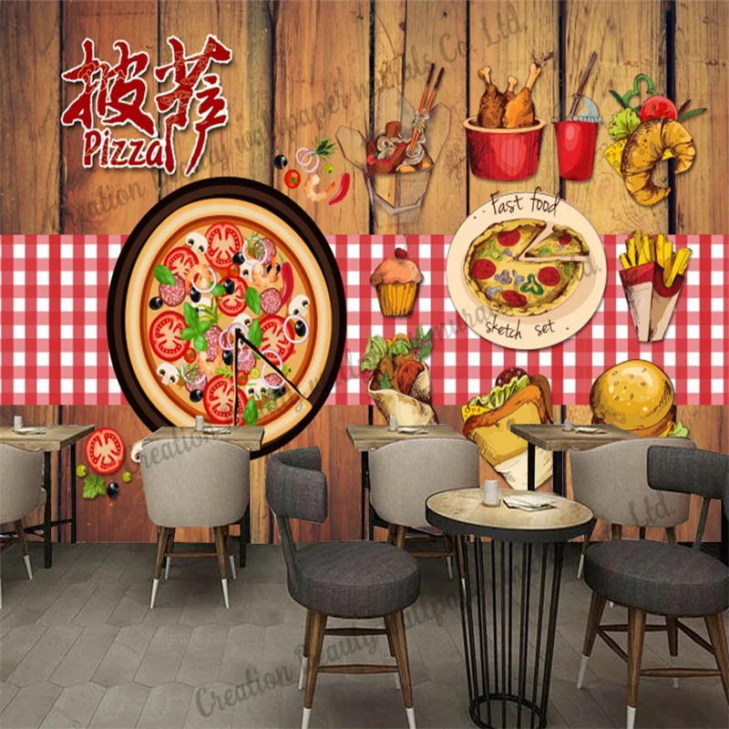 Custom Wooden Pizza Hamburger Wallpaper Industrial Decor Mural Restaurant Snack Bar Background Wall Papel De Parede papel tapiz