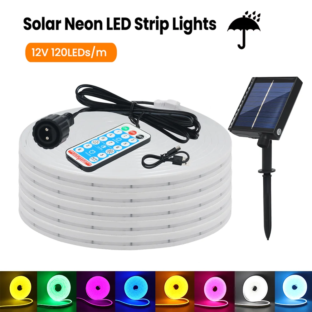 

Solar Powered Neon Strip IP67 Waterproof DC 12V 120Leds/M Flexible LED Light Tape 8 Mode Outdoor Solar Led Strip Garden Decor