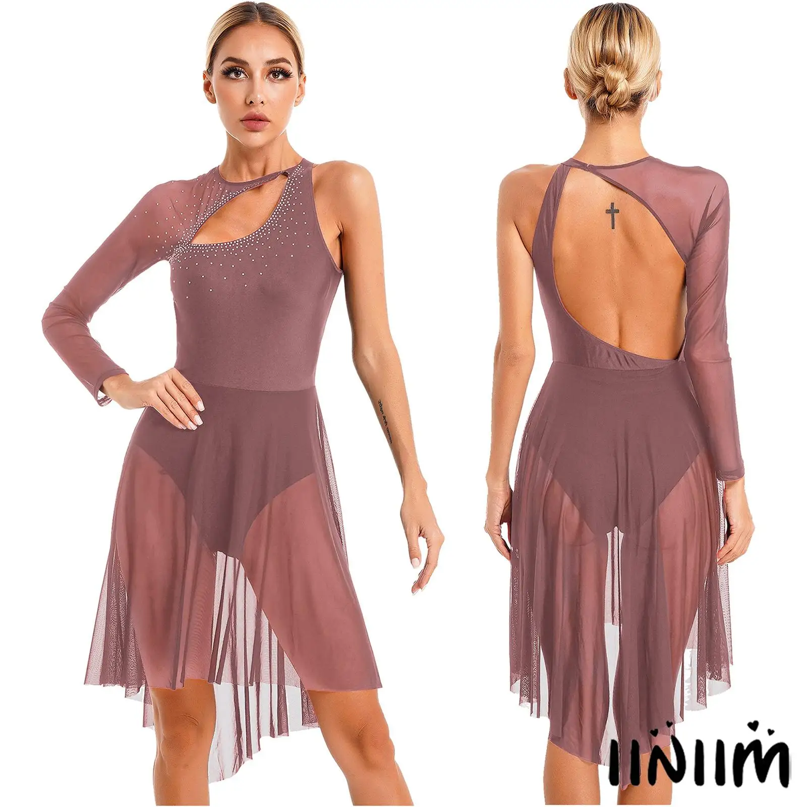 

Womens Cutout One Shoulder Lyrical Leotard Dress Sheer Mesh Long Sleeve Asymmetric Hem Skirt Figure Skating Performance Costume