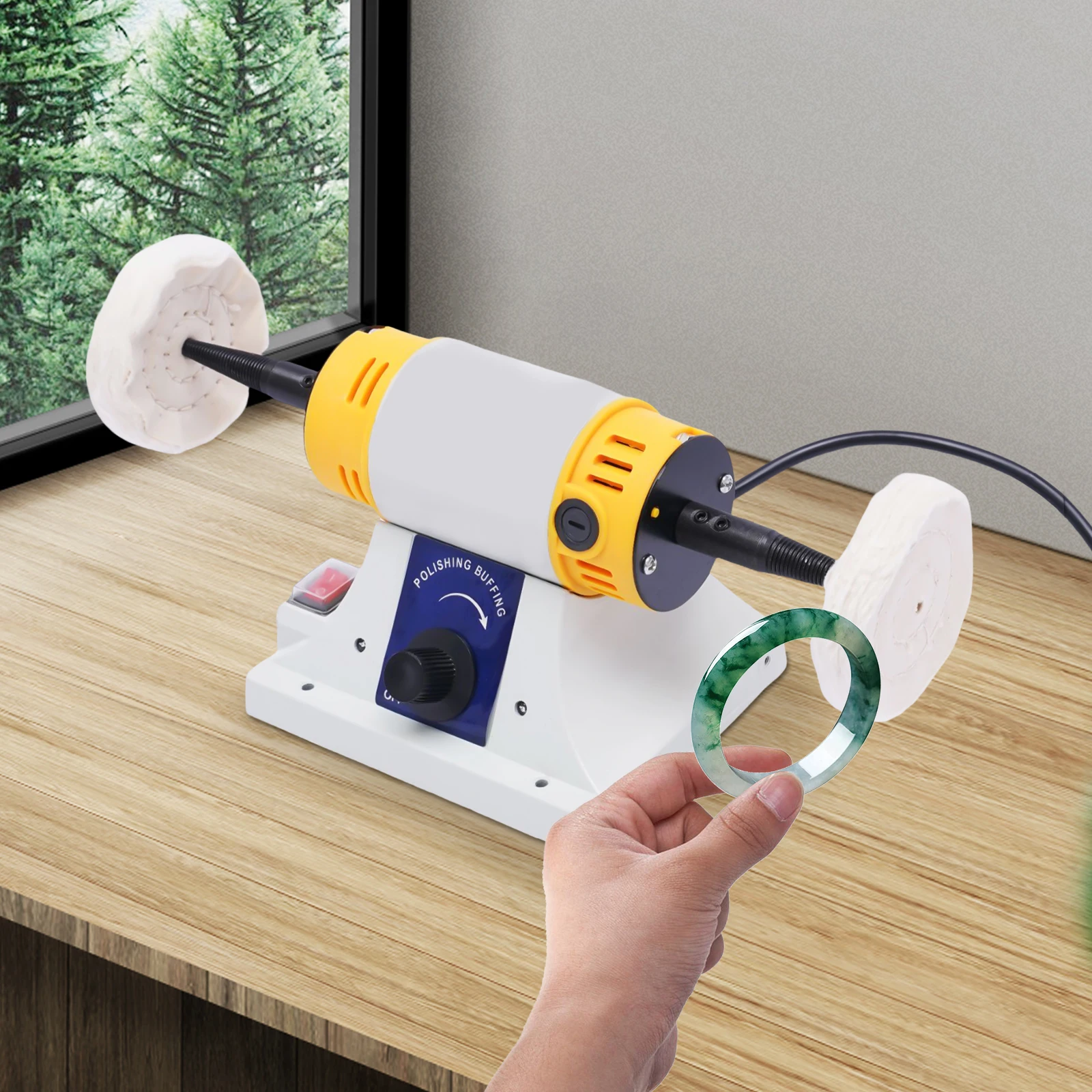 Lucidatrice da banco per lucidatrice per gioielli da 320 W con 2 ruote in tessuto 800-10000 giri/min Velocità regolabile per metallo, legno, ambra fai da te