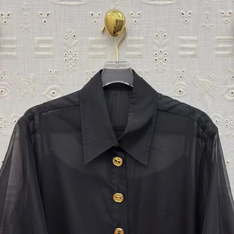 Robe chemise en dentelle noire à col simple boutonnage pour femmes, robe de soirée de haute qualité, nouvelle collection 2026, robe semi-transparente deux pièces
