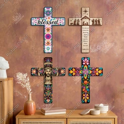 Putuo Decor Mexican Crucifix Wood Wall Decor, Day of the Dead Decoration Wall Mounted Cross for Home Farmhouse ,15.9 X11.8Inches