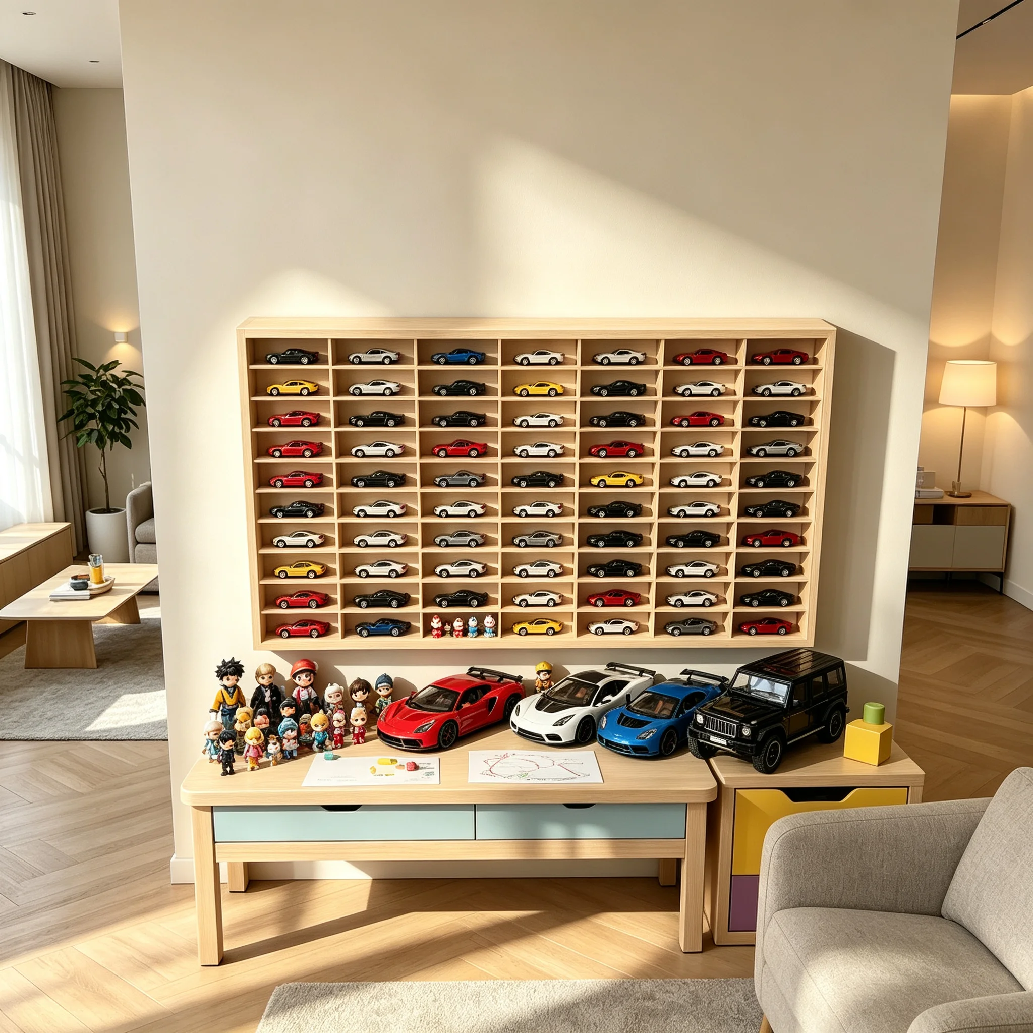 Vitrine murale en bois à 80 compartiments, idéale pour ranger des modèles de voitures à l’échelle 1:64, un coffre de rangement pour jouets en métal, une étagère murale pour les figurines miniatures Hot Wheels, Matchbox et autres objets de collection.