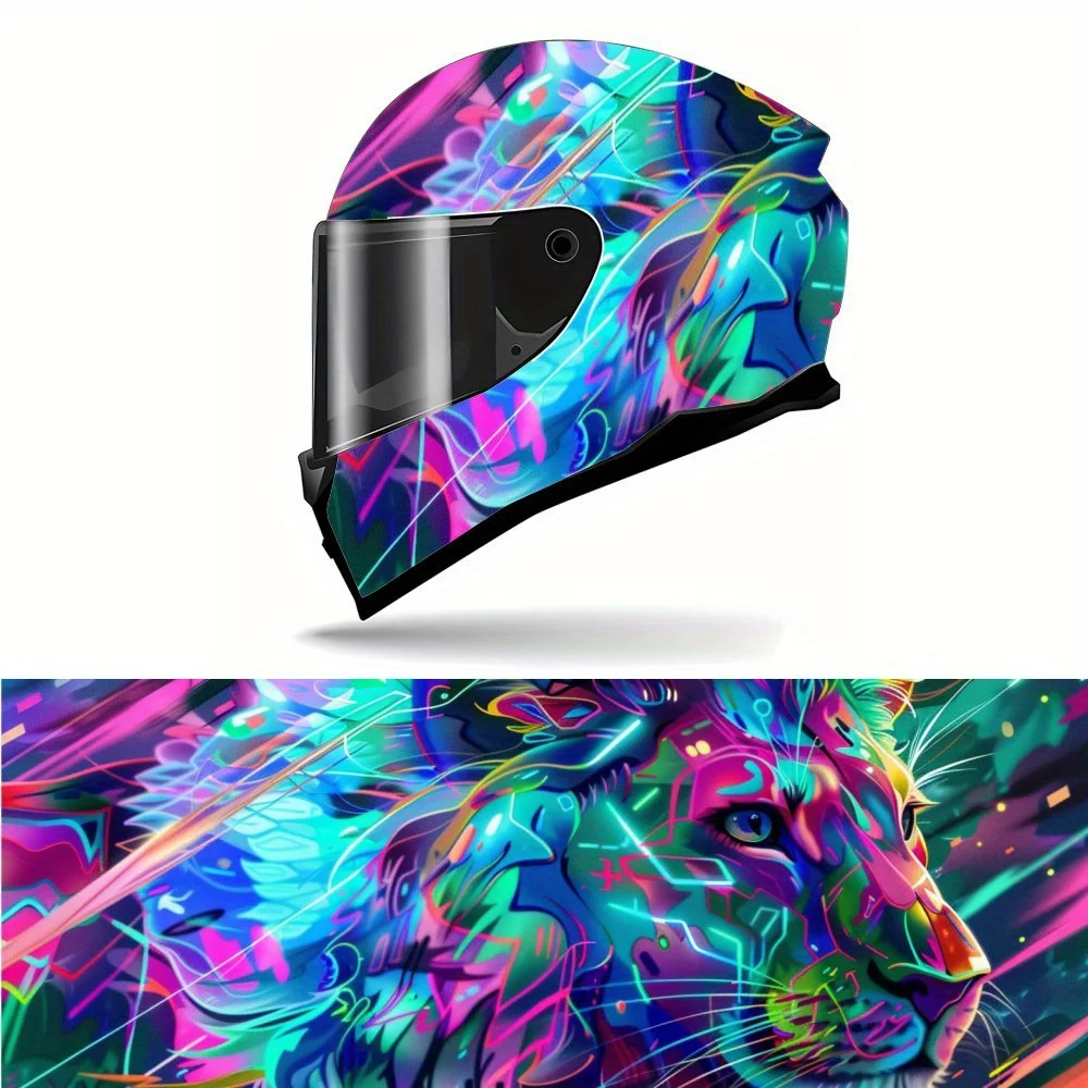 

Cyber Neon Colors Lion Print Full Helmet Wrap Sticker Motorcycle Helmet Racing Graphic Decal Vinyl Wrap Helmet Decorative Sticke