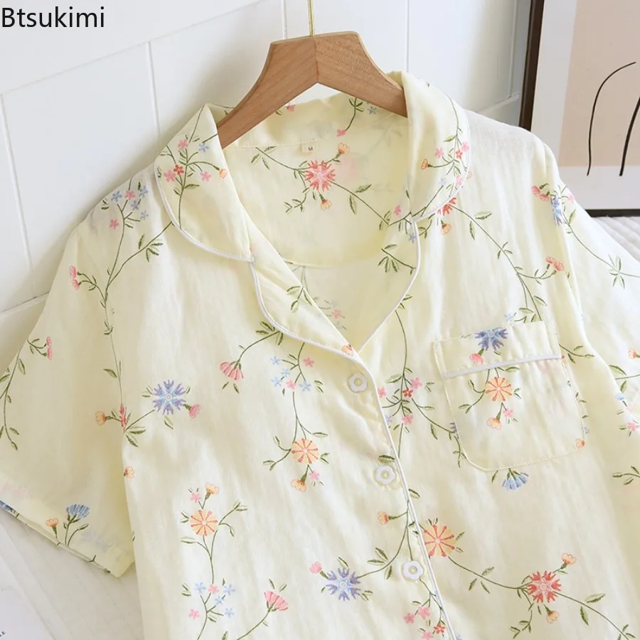 2025 Women's Summer Pajamas 100% Cotton Gauze Short Sleeve Trousers Pajamas Suit for Women Cute Print Pajamas Sets Home Female
