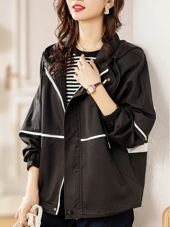 

Ele Bla Hooded ort Loose Women's Jaet Spring Autumn Sle Versatile Baseball Coat ular Top Zipper Closure Long S...