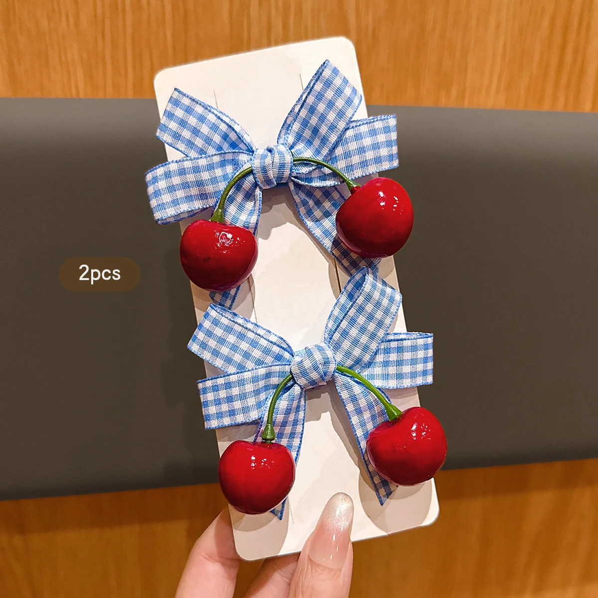 2 Blue Bow Cherry Hair Clips for Daily Use