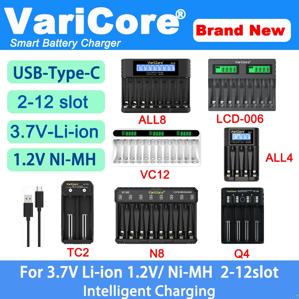 VariCore 2-12 slots Carregador de bateria inteligente portátil para 3.7V Lítio 18650 26650 21700 18500 18350 1.2V NI-MH Ni-Cd AA AAA