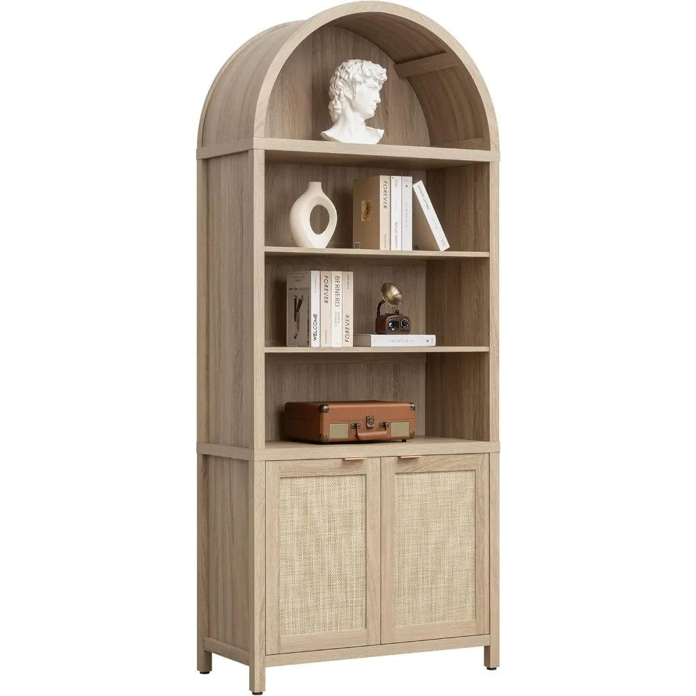 

Book Shelf Arched Cabinet Bookshelf Arch 84.2" Tall Bookcase 5 Tier Large Bookshelves with Doors Storage Rattan Boho Wide