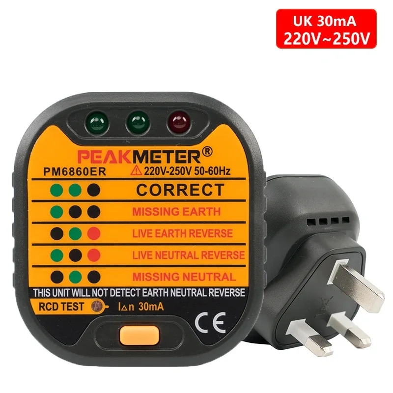 PEAKMETER 6860DR 110 / 230V Electric Socket Tester,Plug Detector Zero Line Plug Polarity Phase Check Phase Detector US/EU Plug,A