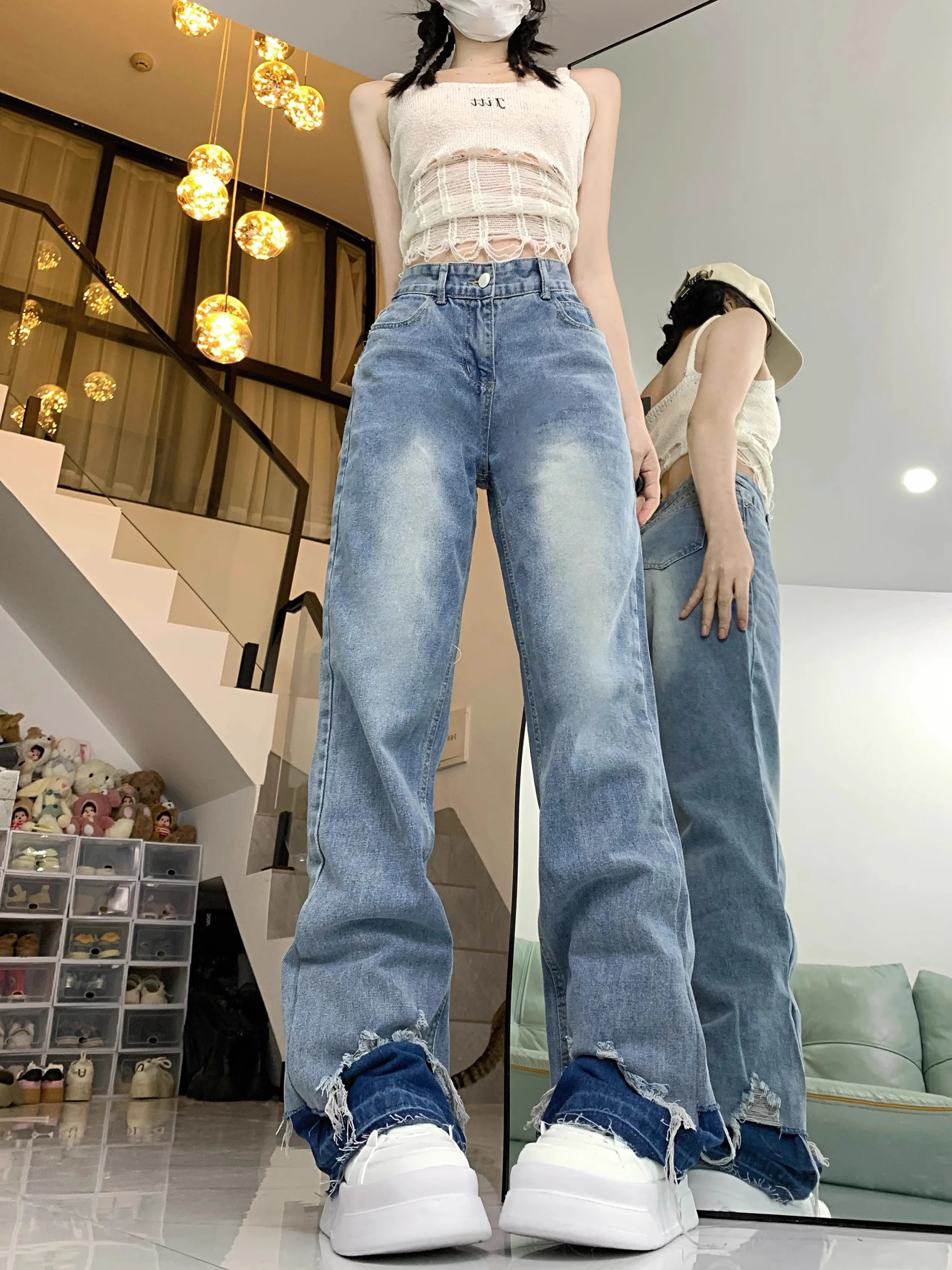 90S New Blue Women Jeans High Waist American Contrasting Colors Fashion Streetwear Wide Leg Jean Female Trouser Baggy Denim Pant