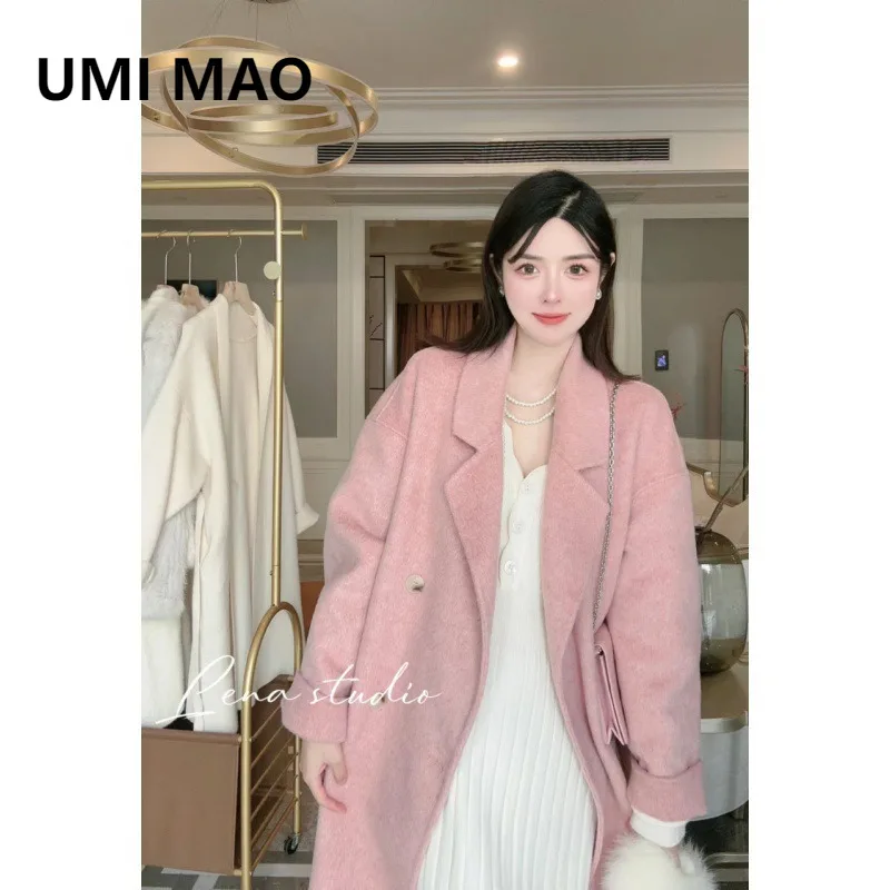 

UMI MAO Розовое двустороннее кашемировое пальто с лососем, женское корейское свободное пальто средней длины, новое шерстяное пальто с миниатюрными фигурками, женское пальто