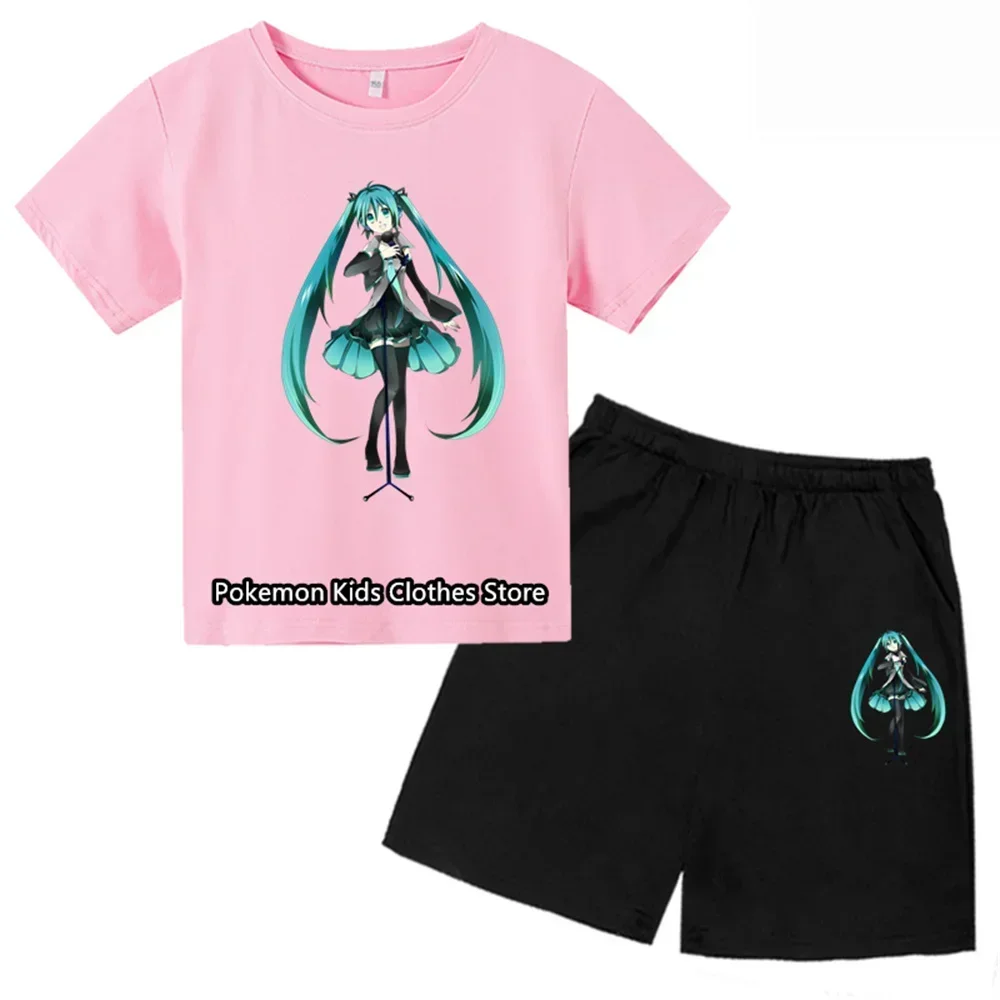 Hatsune Miku koszulka z krótkim rękawem zestaw dzieci T-Shirt ubrania Harajuku Boy Girls T-Shirt Hip Hop wszystkie pasują do modnego stylu ulicznego