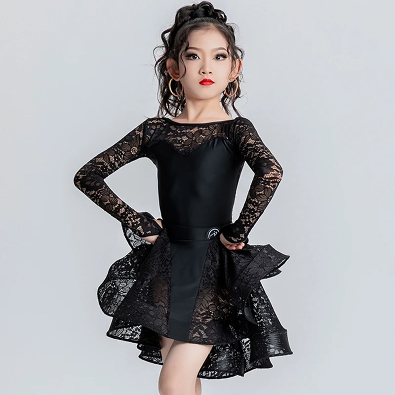 Kids Latin Dance Dress Black Lace Long Sleeves Dress For Girls Dance Clothes Rumba Ballroom Dance Competition Clothing DNV20025