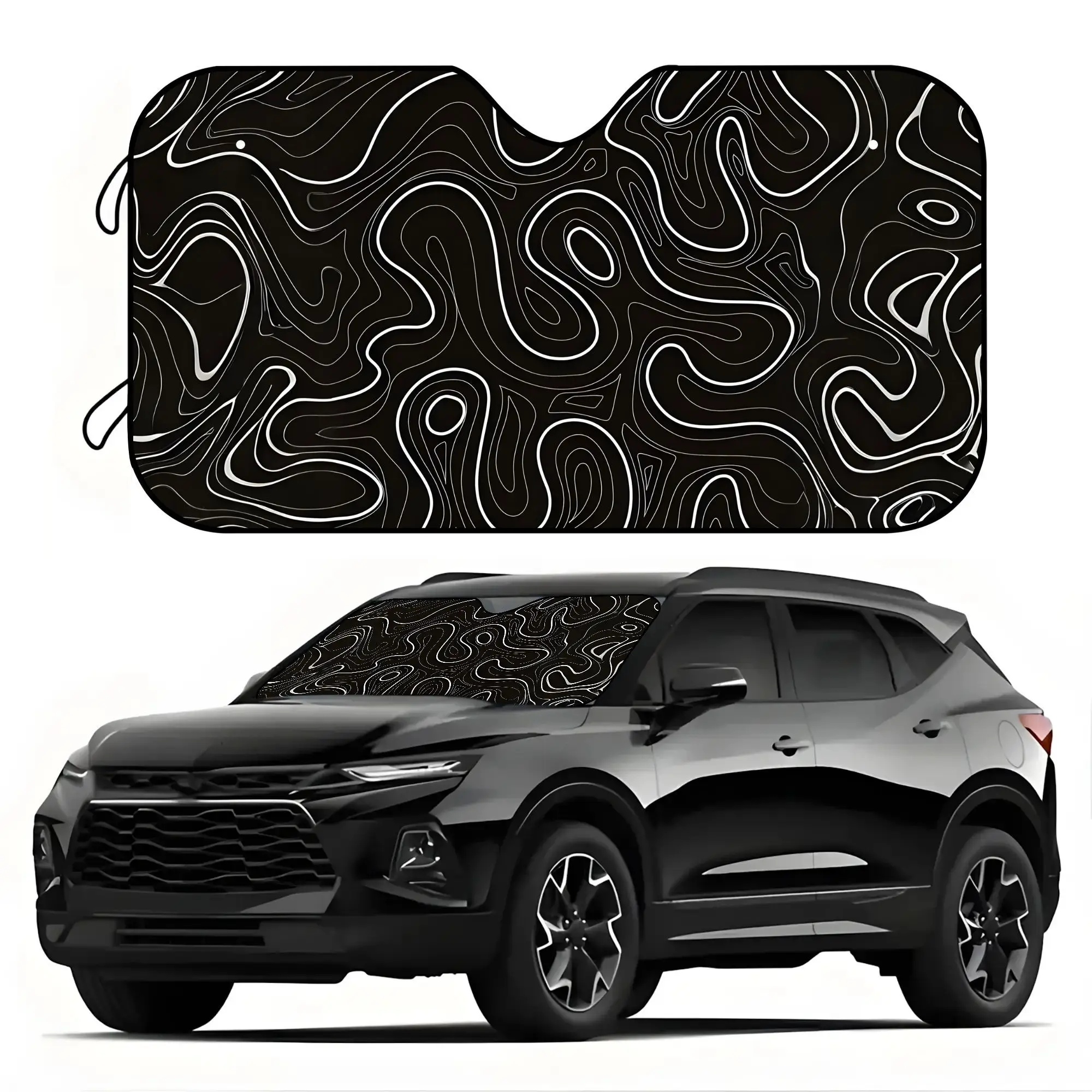 1pc A Black And White Flowing Ripple Design Car Sunshade, Offering UV And Heat Protection, Foldable, Suitable For All Front Wind
