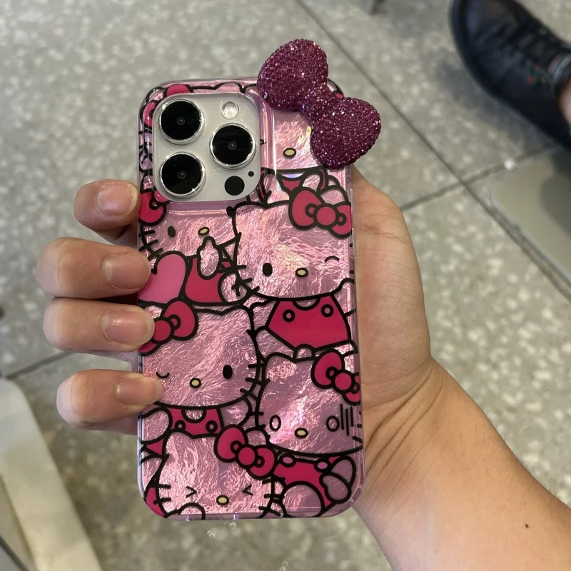 Full Screen Lines Hello Kitty Pink Diamond Bow Phone Case For iPhone 16 15 14 12 13 11 Pro Max XR XS MAX 7 8 PLUS MINI Y2K Cover