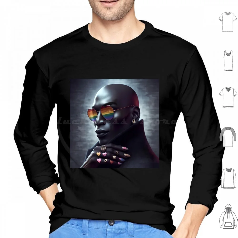Portrait Of Black Woman Wearing Rainbow Glasses Hoodies Long Sleeve Black Woman Pride Rainbow Love Wins Trans Bi