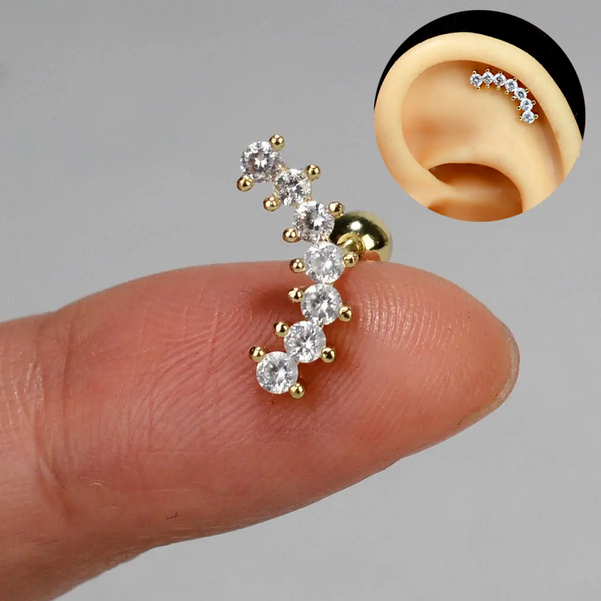 Curved CZ Cartilage Stud Moon Leaf Earring, Stainless Steel