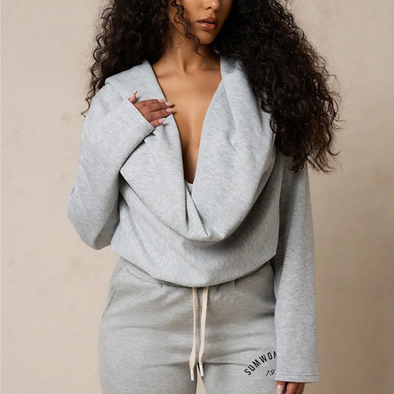 الأزياء الأوروبية الأمريكية مثير فضفاض عارضة الملابس النسائية بلون منخفضة الرقبة يتأرجح طوق بأكمام طويلة قصيرة مقنعين #5