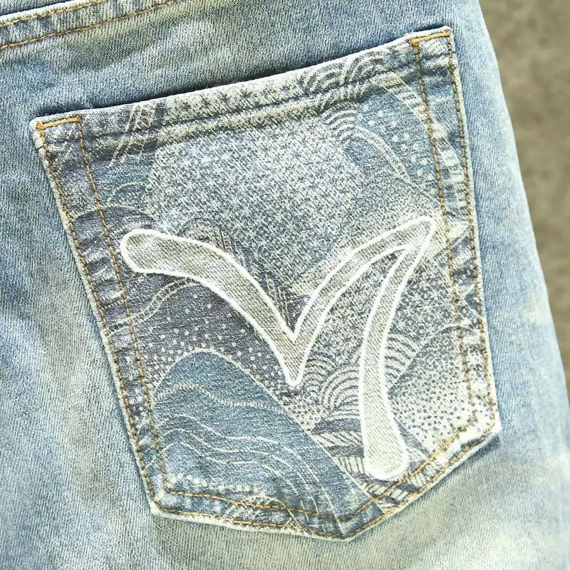 Men's Clothing Spring and Autumn Blue Washed Jeans Stretch Slim-Fit Skinny Pants high quality Trendy Brand Printed Pants
