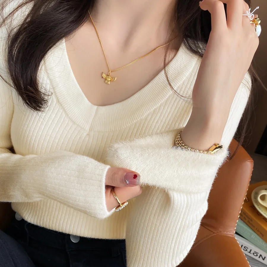 Modischer, mit Fleece gefütterter, verdickter Pullover mit V-Ausschnitt, 2026, warmer Damen-Winter-Langarmpullover, eleganter, solider, lässiger Strickpullover