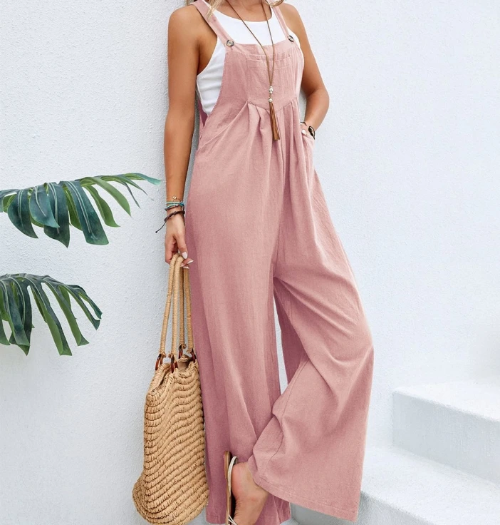 

Fashion Solid Color Jumpsuit Wide Leg Loose Women's Casual Back Pants Button Pleat Design Jumpsuits Women
