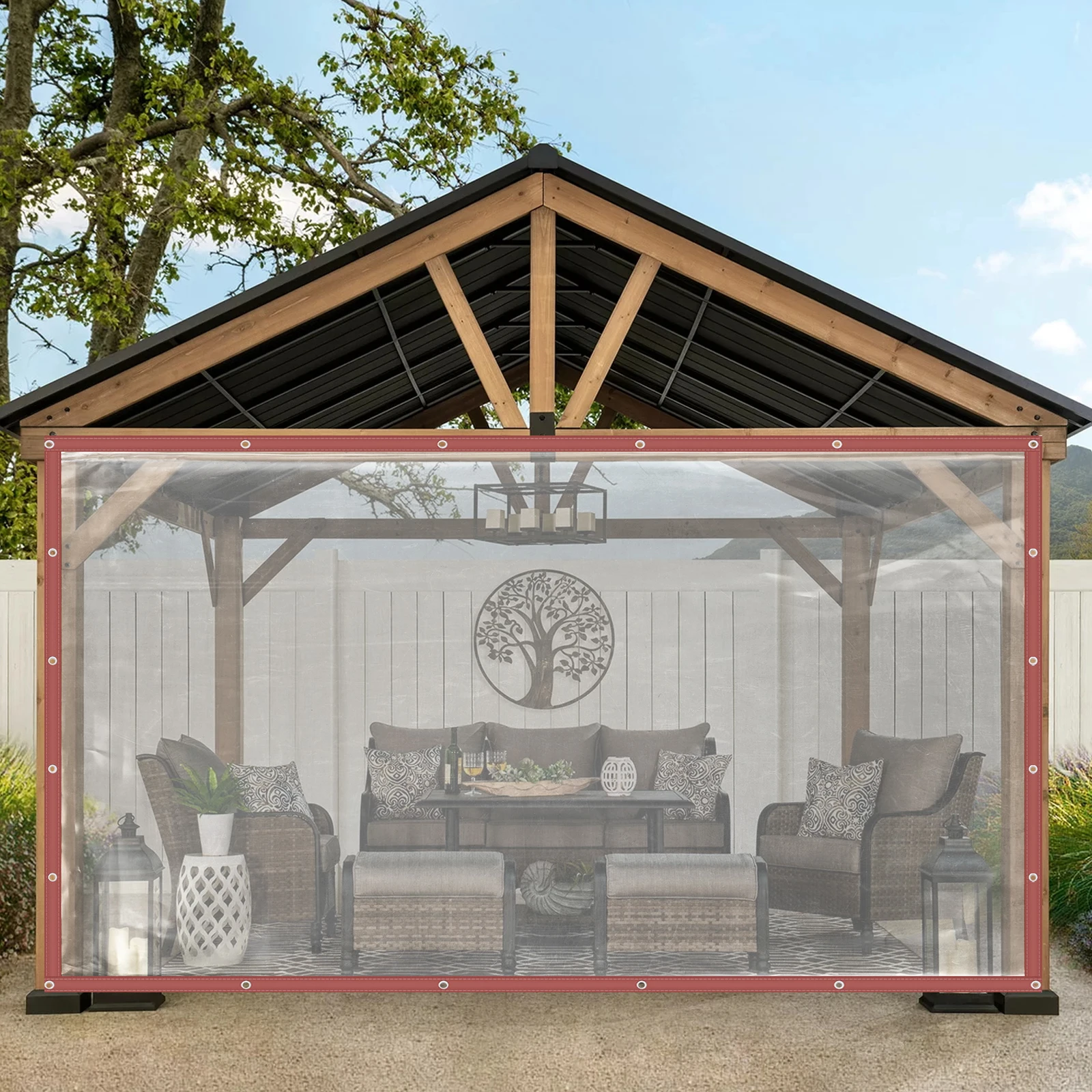 Mult-Size Commercial Durable Rainproof PVC Clear Awning Canopy Curtain Enclosure Patio Roll up Enclosure W/Brown Edge and Grommets 0.5mm Thick (8 * 20FT /2.5 * 6m)