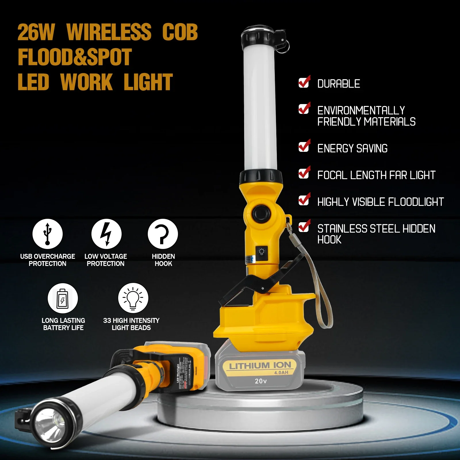 2000LM 26W LED Work Light Portable Camping Lantern with Clip Downlight Outdoor Flashlight for Dewalt 14.4V-18V Li-ion Battery