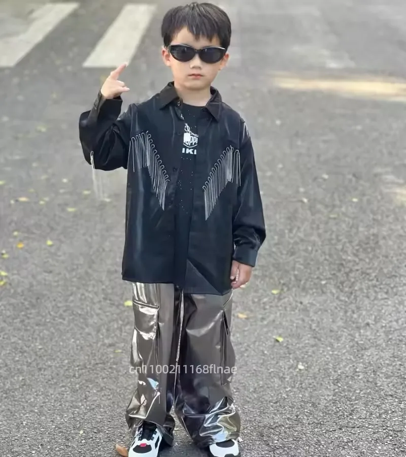 

Костюмы для уличных танцев для мальчиков, костюмы для выступлений на сцене для девочек в стиле хип-хоп, топы с кисточками для показа на сцене, костюмы для выступлений