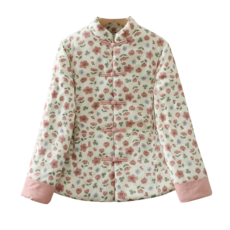 Nuevo Jaet de algodón Floral chino Sle, abrigo de invierno suelto para mujer, ropa de abrigo acolchada de algodón pequeño de algodón interior cálida