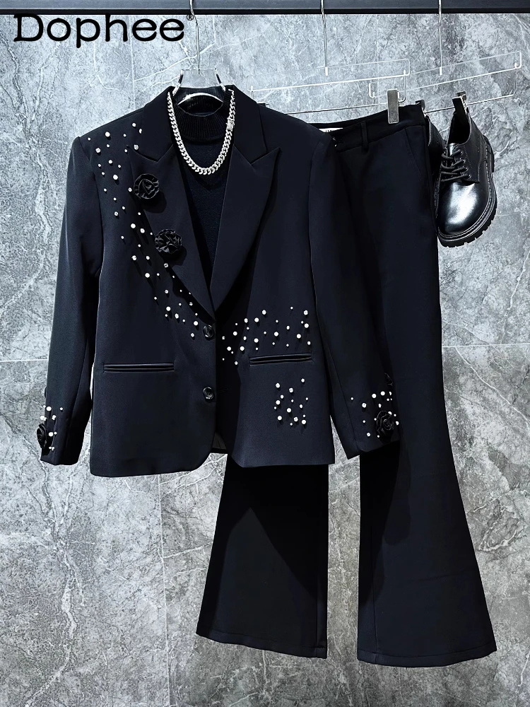 

Men's 2025 Autumn New High-End 2pcs Male Three-Dimensional Flower Beaded Suit Sets Stylish Trend Solid Color Chic Two-Piece Sets