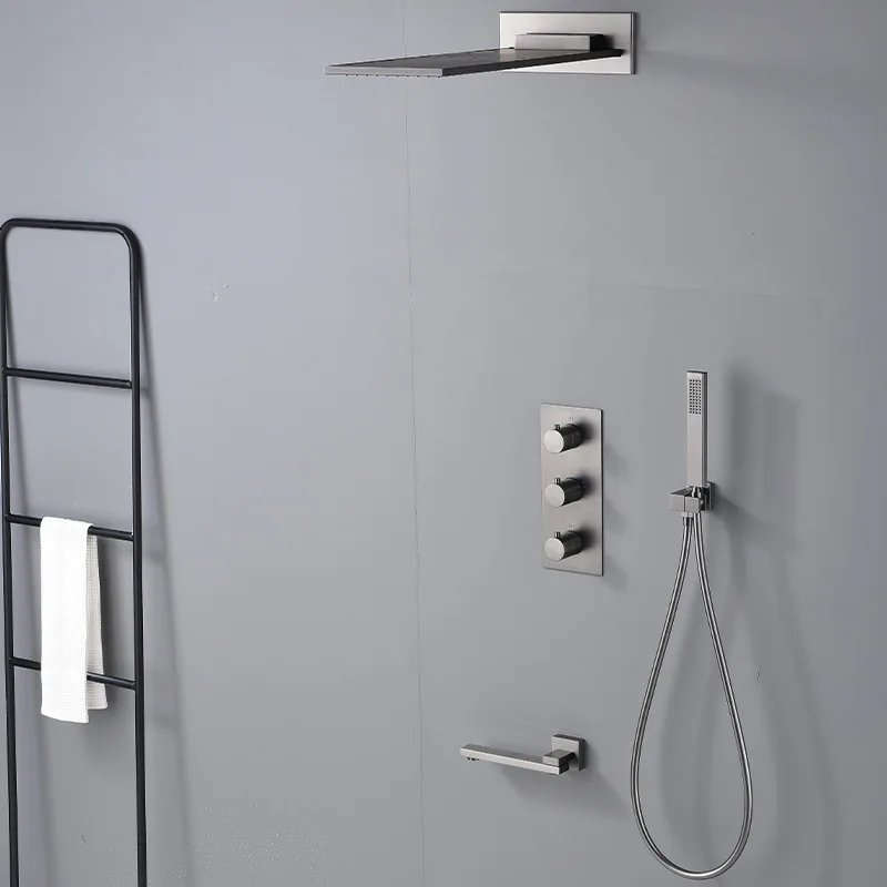 Brushed Gray 4-Function Waterfall Shower Set Pressurized Shower Bathroom Brass Concealed Thermostatic Faucet