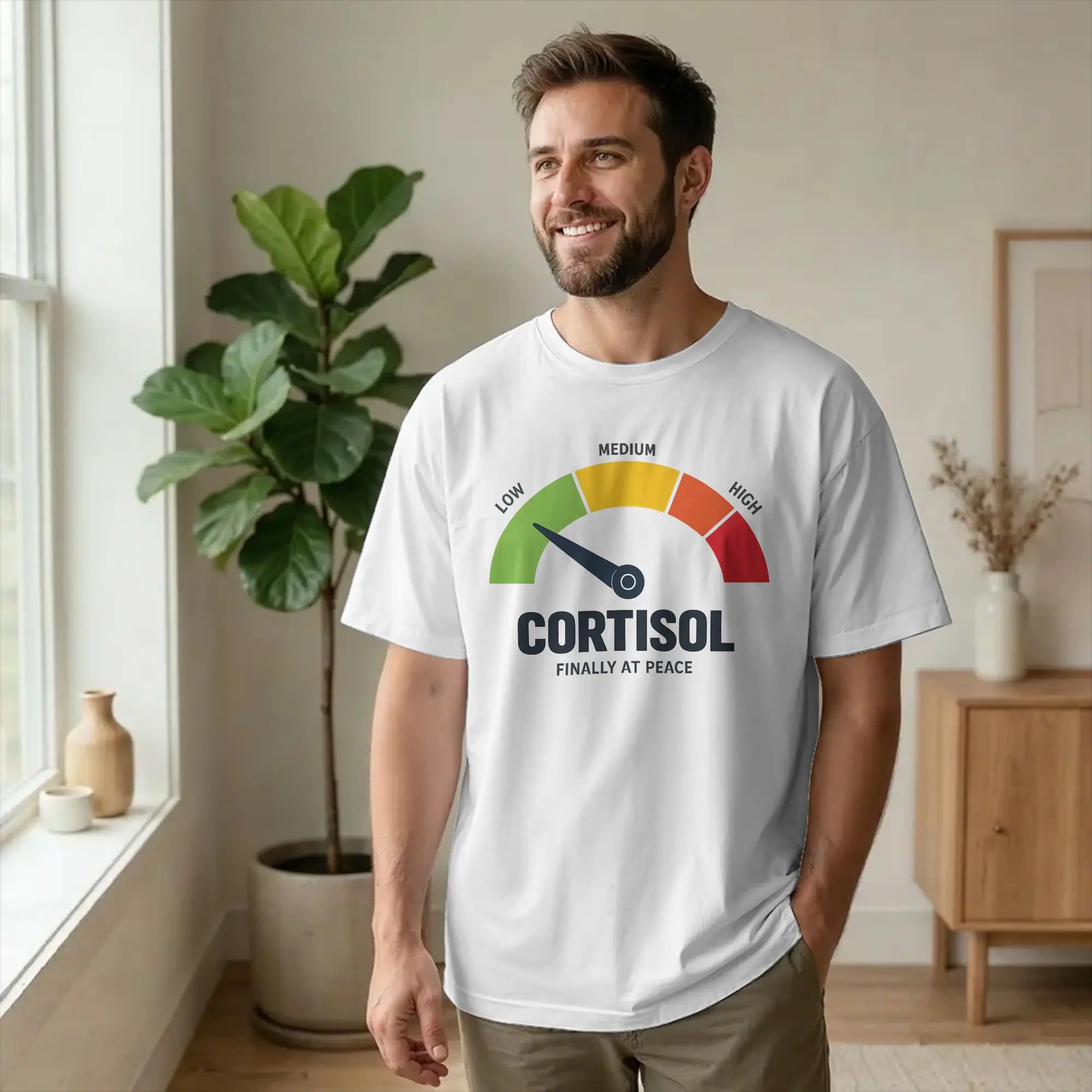 Low Cortisol Levels Finally at Peace  T Shirts Men 100% Cotton T-Shirts Funny Wellness Meme Tees Short Sleeve Tops Gift Idea