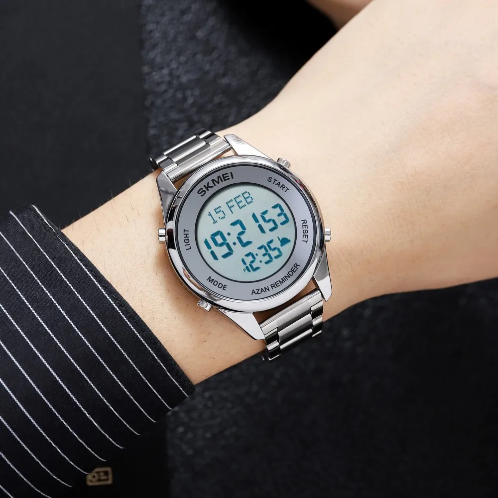 SKMEI New Stainless Steel Muslim Azan Men Watch for Prayer with Qibla Compass Adhan Alarm Hijri Islamic Wristwatch Montre homme