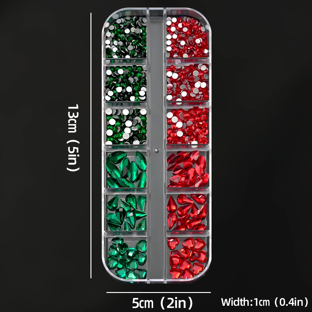12 grades 3d natal vermelho & verde arte do prego strass misturados redondos, gota, amor vidro gem encantos do prego brilho natal decoração da arte do prego