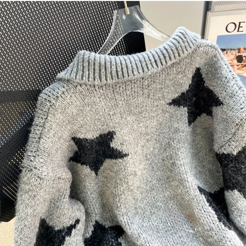 Deeptown Vintage Women Sweater Half Zipper Star Embroidery Harajuku Knitted Pullover American Retro Grunge Knitwear Loose Autumn