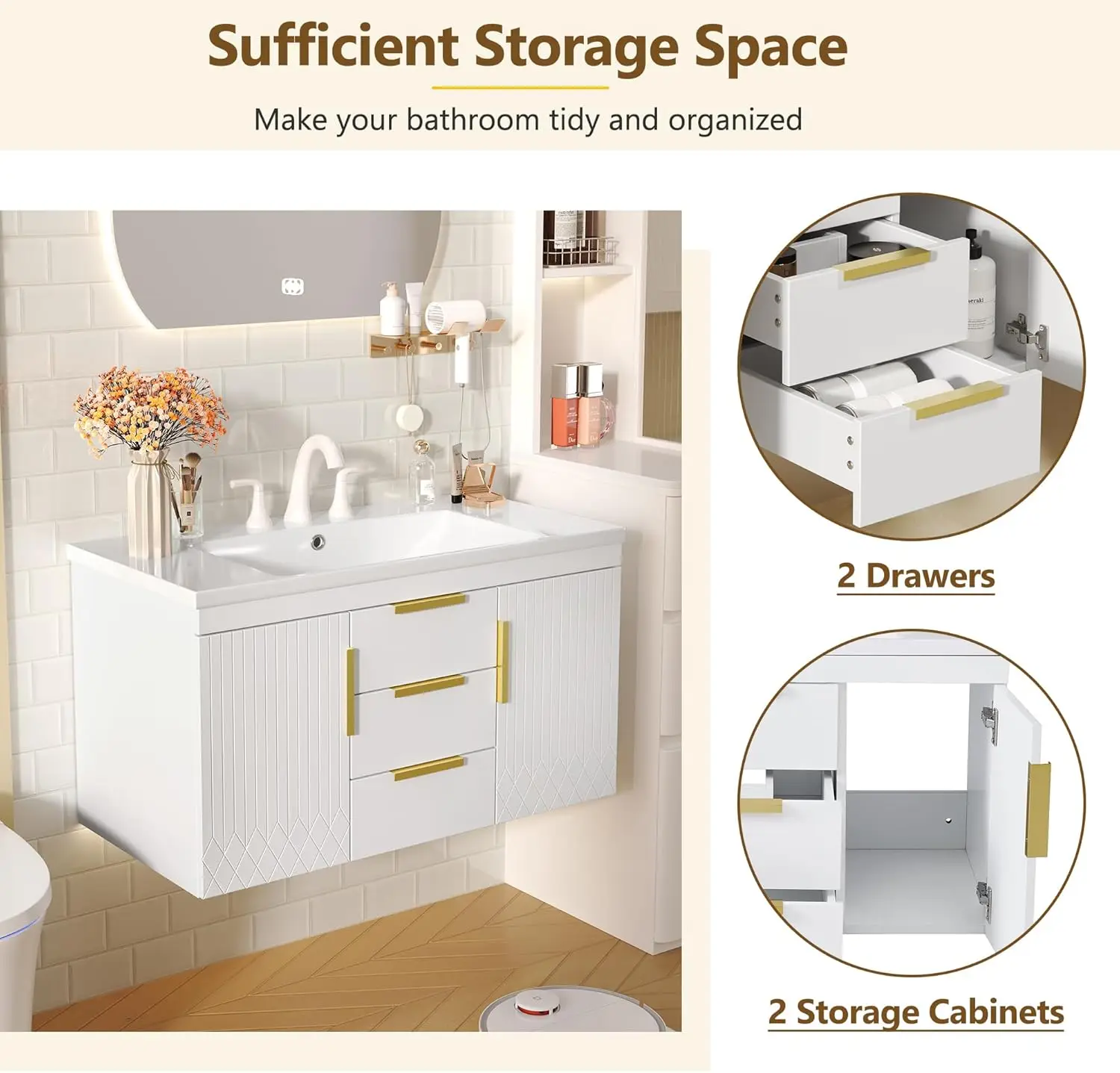 36" Wall‑Mounted Bathroom Vanity Set with Sink, 2 Doors & 2 Drawers 4