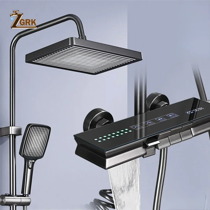 

Waterfall Shower Faucet Set Digital Display Gun Grey Shower Set Bathroom Gradient Light Thermostatic Shower System Set