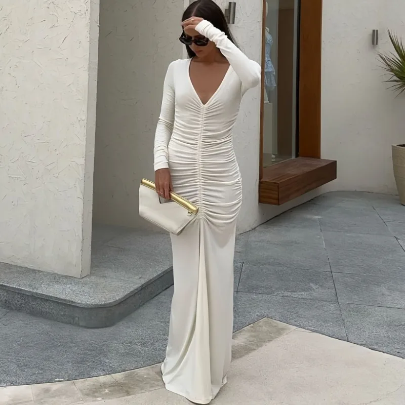 Talenza Women's Pleated V Neck Maxi Dress White Sexy Skinny Long Sleeve Resort Dress Elegant Party Evening Gown Robe Outfits