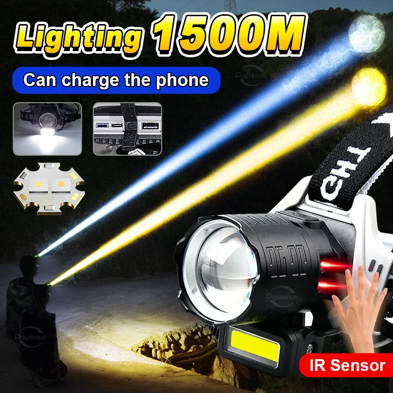 

New Long Shot LED Headlamp Powerful Head Flashlight Yellow Light Headlight IR Sensor Rechargeable Head Lamps Fishing Lantern