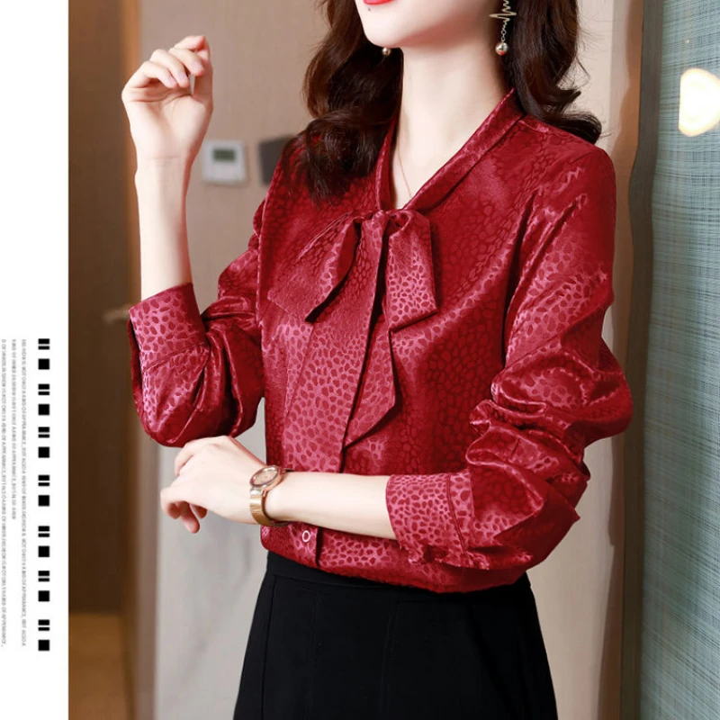 Spring Autumn New Solid Color Scarf Collar Long Sleeve Fashion Shirt Women High Street Button Pullovers Bow Jacquard Weave Tops