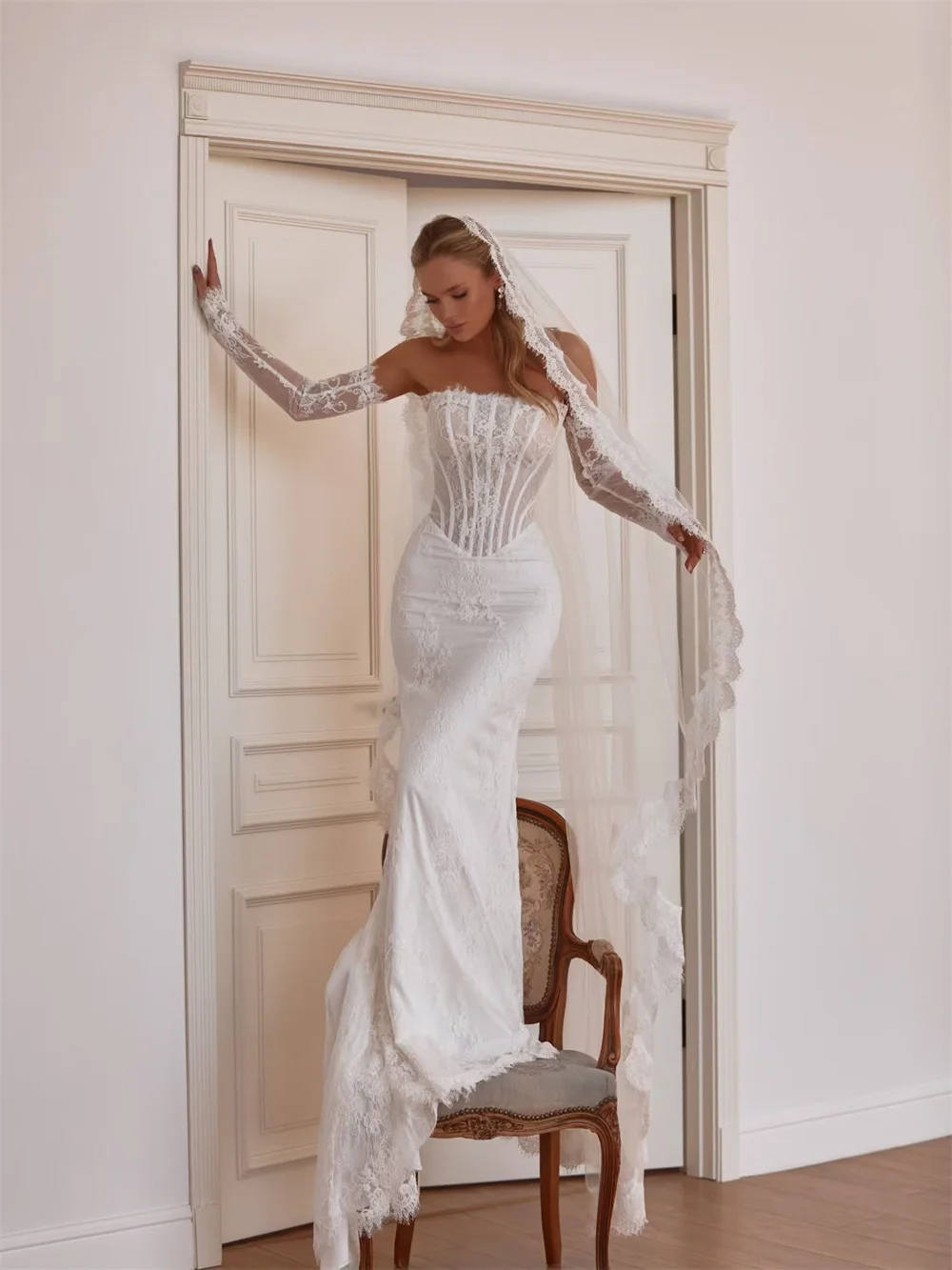 Tokyo Womens Strapless Corset Floral Lace Mermaid Wedding Dress White Long Gown Bridal Shower Marriage Ceremony Evening Gowns