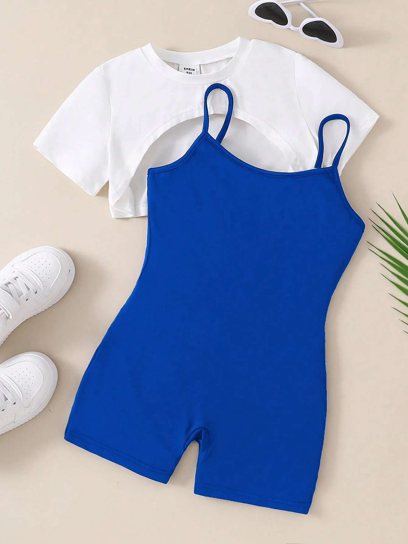 2pcs Summer Girls Set Sexy Open Back Top+Solid Color Strap Jumpsuit Fashion Design Suitable For Children\'s Clothing Aged 7-13