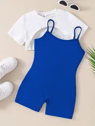 2pcs Summer Girls Set Sexy Open Back Top+Solid Color Strap Jumpsuit Fashion Design Suitable For Children's Clothing Aged 7-13