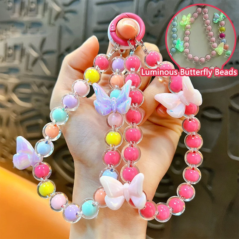 Cute Bead Mobile Phone Lanyard Butterfly Luminous Wrist Strap Anti-lost Phone Chain Keychain Camera Pendant