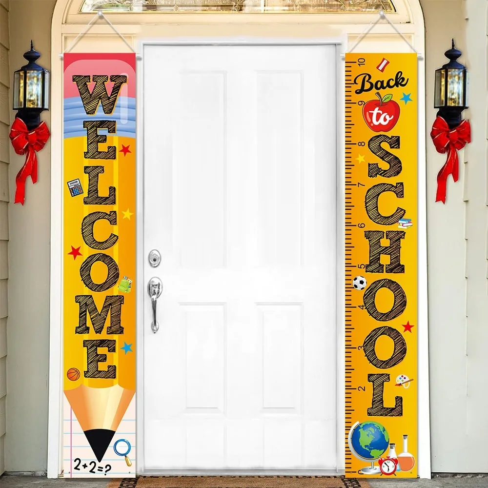 Back to School Door Banner Set, "Welcome" & "Back to School" Pencil & Ruler Porch Signs for Classroom Party Supplies
