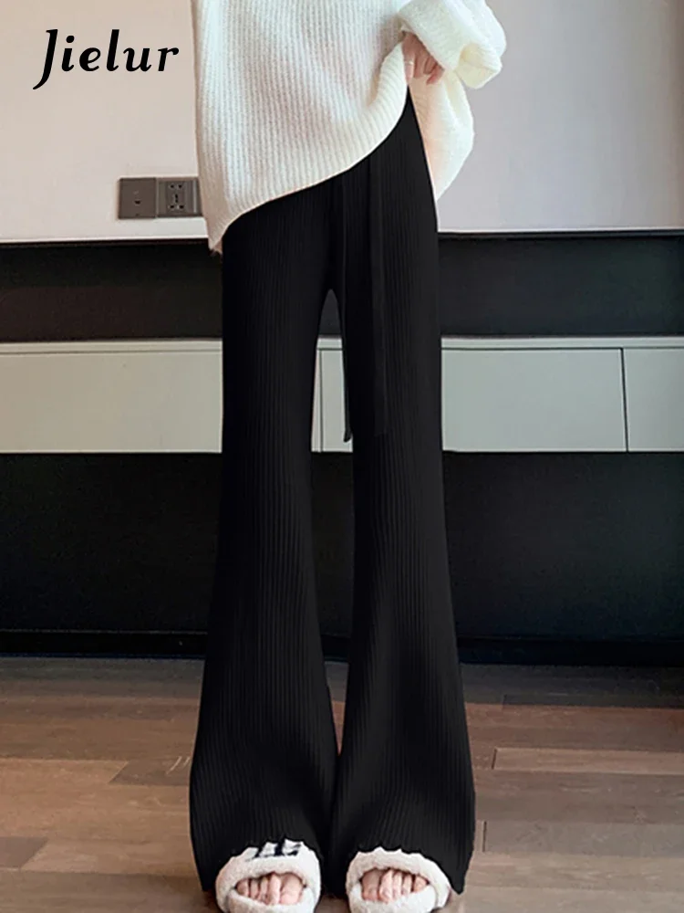 Jielur Ruffled Knitting Slim Chic Female Flare Pants Office Lady High Waist Drawstring Solid Color Simple Fashion Women Trousers