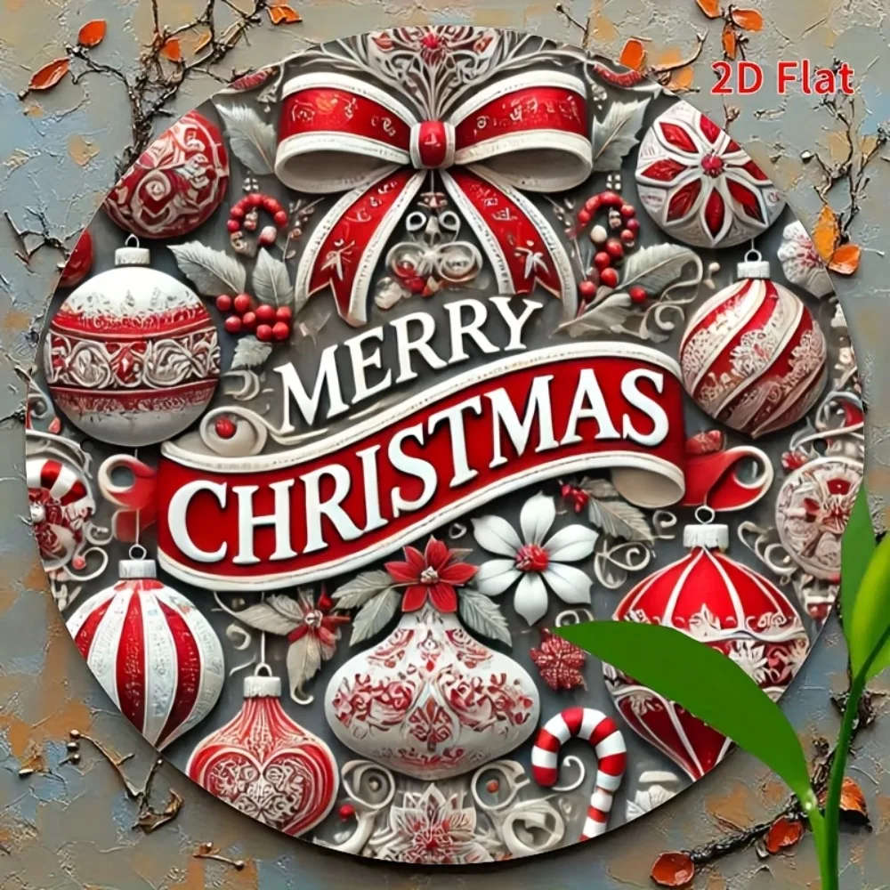 2D شقة 1PC عيد ميلاد سعيد جولة معدن القصدير علامة - مقاومة للخدش بالأشعة فوق البنفسجية، تصميم إكليل قصب الحلوى، ديكور عطلة داخلي في الهواء الطلق #5