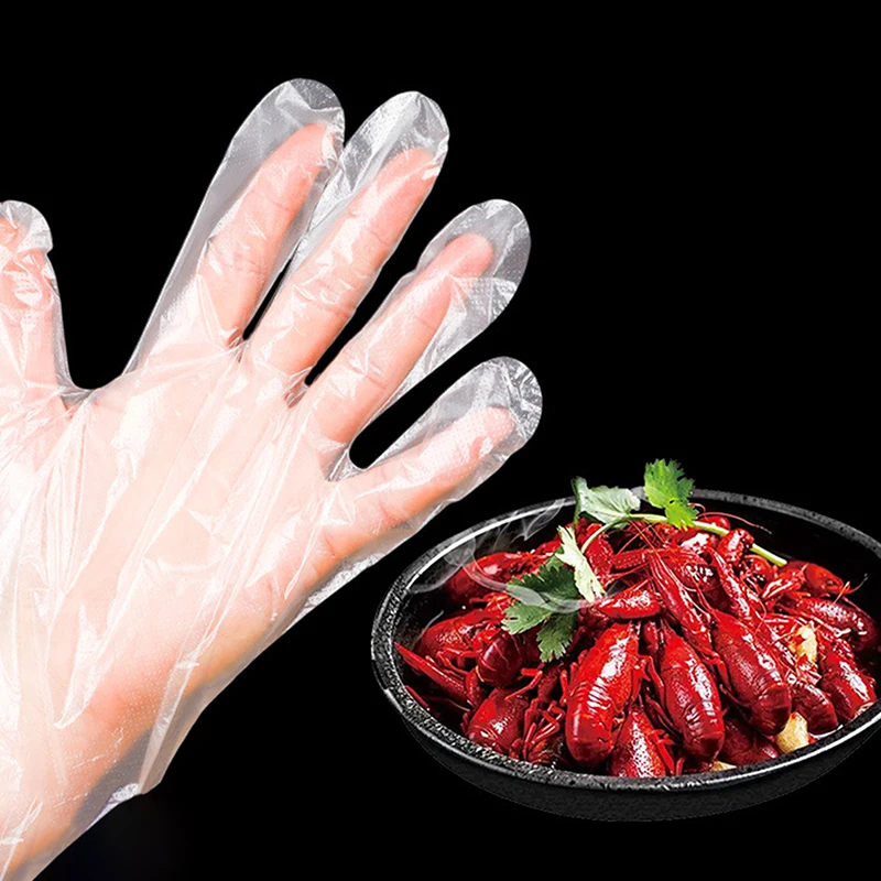 ถุงมือพลาสติกกันน้ำเครื่องใช้บนโต๊ะอาหารสำหรับย่างบาร์บีคิวไก่ทอด100ชิ้นถุงมือแบบใช้แล้วทิ้งโปร่งใส